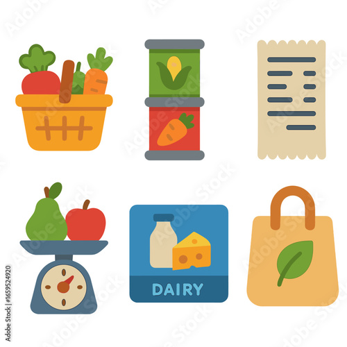 Grocery Shopping Icons. Flat vector mini-illustrations Grocery shopping in colors children's illustrations: