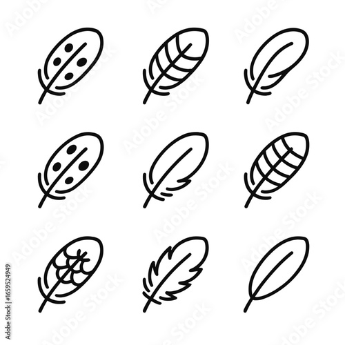 Feather Pattern Icons. Outline icon set of plumage patterns: spotted feathers, striped feathers, iridescent feathers, mottled