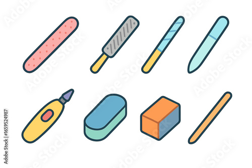 Colorful Nail Tools Grid. Flat vector mini-illustrations filing tools in colors children's illustrations: nail file, emery board,