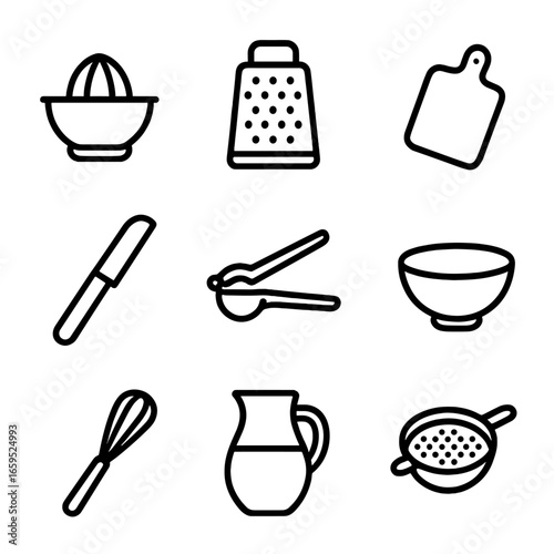 Lemon Kitchen Tools Icons. Outline icon set of lemon kitchen tools: citrus juicer, grater, cutting board, knife, lemon squeezer,