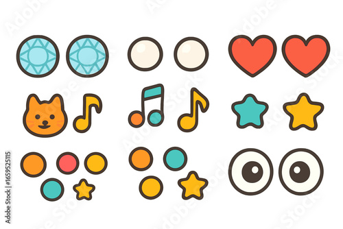 Colorful Stud Earrings Grid. Flat vector mini-illustrations stud earrings in colors children's illustrations: round diamonds, tiny