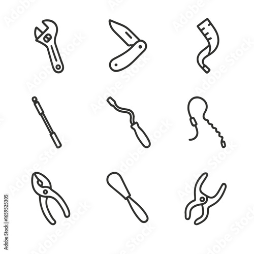 Flexible Tools Icons. Outline icon set of flexible tools: adjustable wrench, folding knife, flexible ruler, telescopic pole,