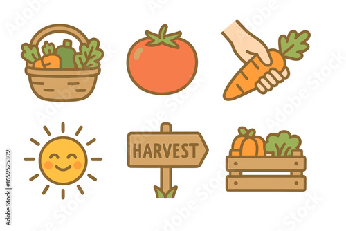 Harvest Time Icons. Flat vector mini-illustrations harvest time in colors children's illustrations: vegetable
