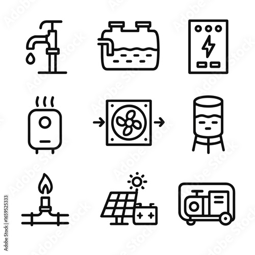 Log House Utilities Icons. Outline icon set of log house utilities: water pump, septic tank, electric panel, heater, ventilation,