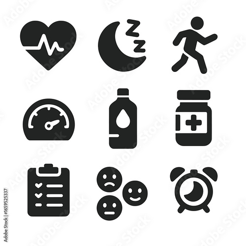 Health Monitoring Icons. Solid, filled icons set of health monitoring tools: heart rate, sleep quality,