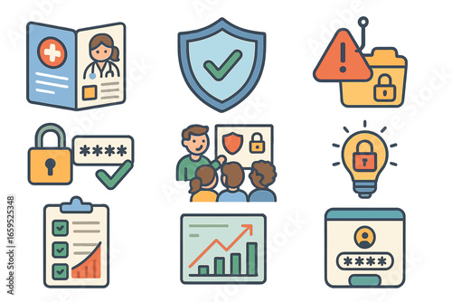 Healthcare Cybersecurity Icons. Flat vector mini-illustrations healthcare cybersecurity awareness in colors