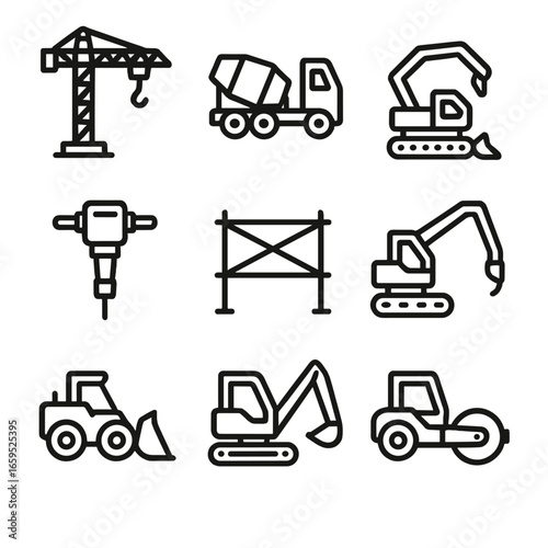 Construction Equipment Icons. Outline icon set of heavy construction equipment: crane, cement mixer, bulldozer, jackhammer,
