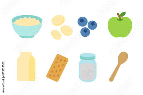 Healthy Breakfast Icons. Flat vector mini-illustrations Healthy morning plate in colors children's