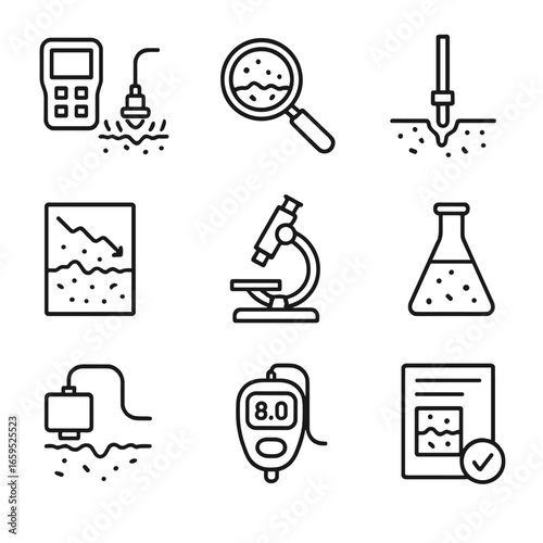 Corrosion Testing Icons. Outline icon set of corrosion testing and inspection: ultrasonic testing, visual inspection, corrosion