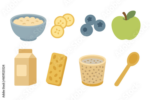 Healthy Breakfast Icons. Flat vector mini-illustrations Healthy morning plate in colors children's