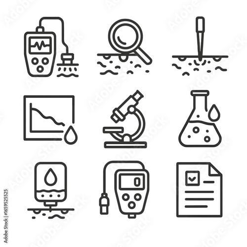 Corrosion Testing Icons. Outline icon set of corrosion testing and inspection: ultrasonic testing, visual inspection, corrosion