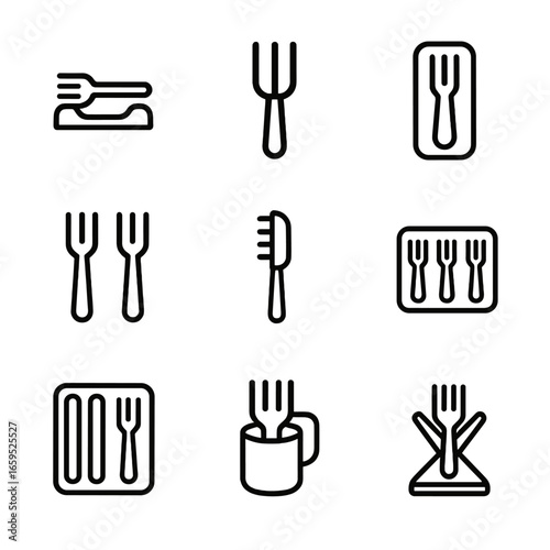 Fork Accessory Icon Set. Outline icon set of fork accessories: fork rest, fork holder, fork case, fork set, fork cleaning brush,
