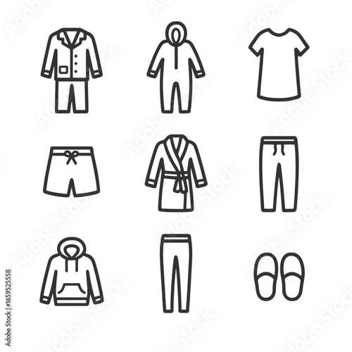 Cozy Nightwear Icons. Outline icon set of cozy nightwear types: pajama set, onesie, sleep shirt, sleep shorts, robe, lounge pants,