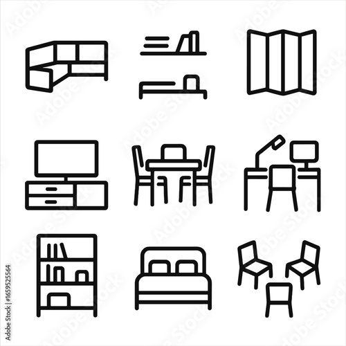 Furniture Layout Icons. Outline icon set of furniture placement: corner sofa, wall shelf, room divider, TV stand, dining table