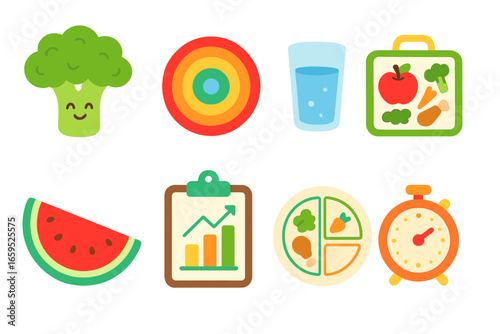 Healthy Eating Icons. Flat vector mini-illustrations healthy eating habits in colors children's illustrations: