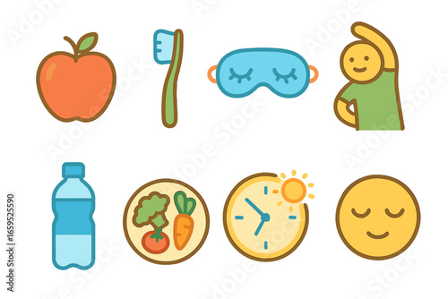 Healthy Habits Icons. Flat vector mini-illustrations healthy lifestyle changes in colors children's