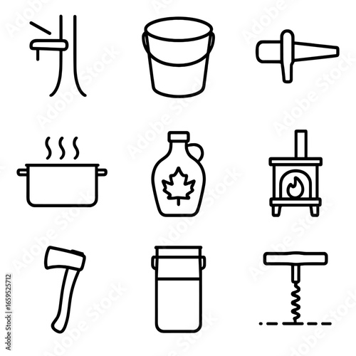 Maple Syrup Tool Icons. Outline icon set of maple tree tools and equipment: tree tap, bucket, spile, boiling pan, syrup bottle,
