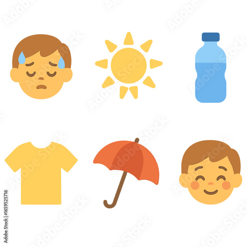 Heat Response Icons. Flat vector mini-illustrations Body responses to heat in colors children's illustrations: