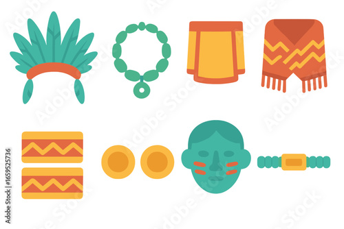 Maya Clothing Icons. Flat vector mini-illustrations Maya clothing and adornments in colors children's illustrations: feathered