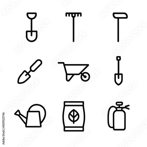 Gardening Tools Icons. Outline icon set of soil tools: shovel, rake, hoe, trowel, wheelbarrow, soil sampler, watering can,