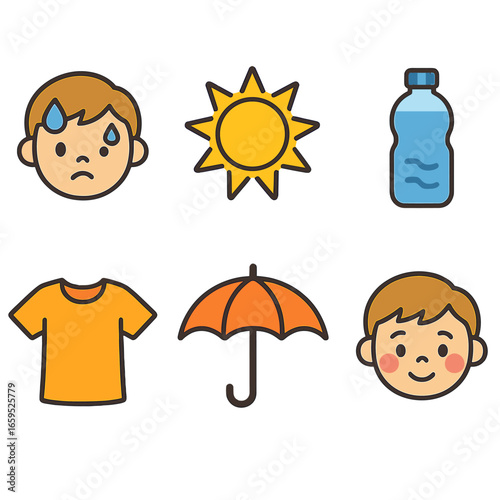 Heat Response Icons. Flat vector mini-illustrations Body responses to heat in colors children's illustrations: