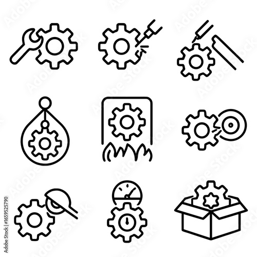 Gear Process Icons. Outline icon set of gear assembly processes: gear fitting, gear welding, gear machining, gear balancing, gear