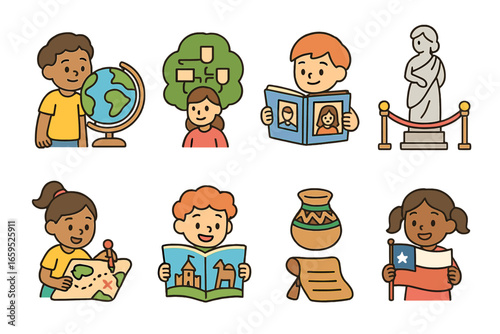 Heritage Exploration Icons. Flat vector mini-illustrations Children learning about heritage in colors children