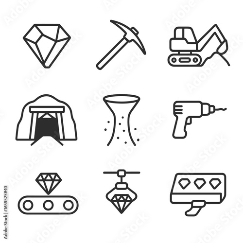 Diamond Mining Icons. Outline icon set of diamond mining: rough diamond, mining pick, excavation, diamond mine, kimberlite pipe,