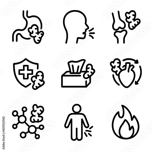 Ginger Benefits Icons. Outline icon set of ginger health benefits: digestion, anti-nausea, anti-inflammatory, immune boost, cold