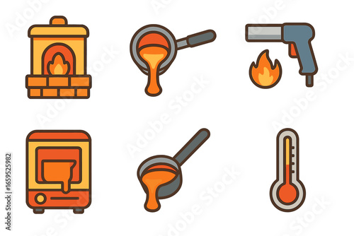 Melting Tools Icons. Flat vector mini-illustrations melting tools and equipment in colors children's illustrations: furnace,