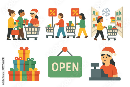 Holiday Shopping Frenzy. Flat vector mini-illustrations holiday shopping rush in colors children's