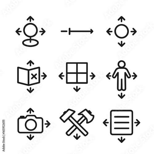 Drag Game Controls Icons. Outline icon set of drag game controls: drag joystick, drag slider, drag button, drag map, drag
