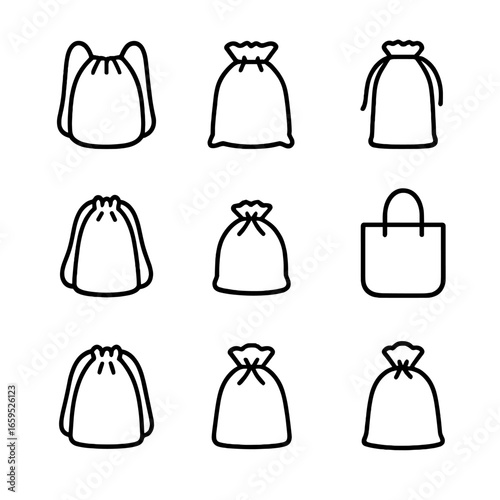 Drawstring Bag Icons. Outline icon set of drawstring bag types: gym sack, shoe bag, laundry bag, backpack, pouch, tote, travel bag