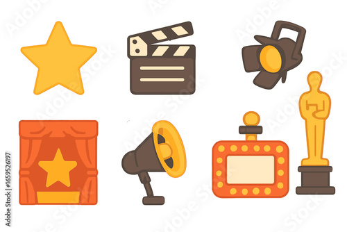 Hollywood Iconic Symbols. Flat vector mini-illustrations iconic Hollywood quotes in colors children's
