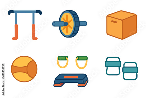 Home Gym Basics. Flat vector mini-illustrations home gym essentials in colors children's illustrations: