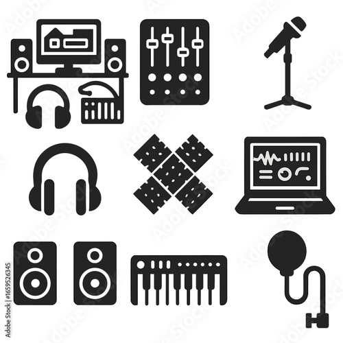 Home Music Studio Icons. Solid, filled icons set of music production at home: home studio setup, audio mixer,