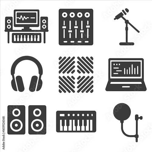 Home Music Studio Icons. Solid, filled icons set of music production at home: home studio setup, audio mixer,