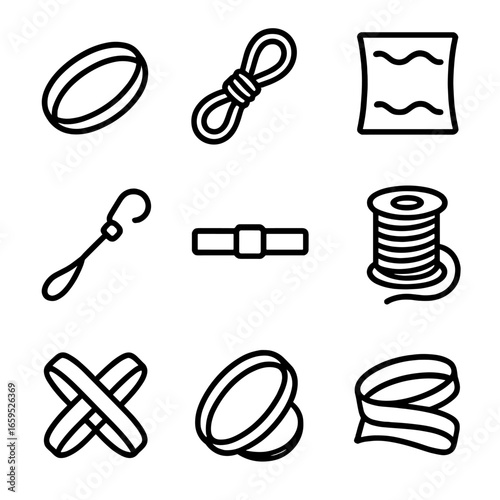Elastic Material Icons. Outline icon set of elastic materials: rubber band, elastic cord, spandex fabric, bungee cord, elastic
