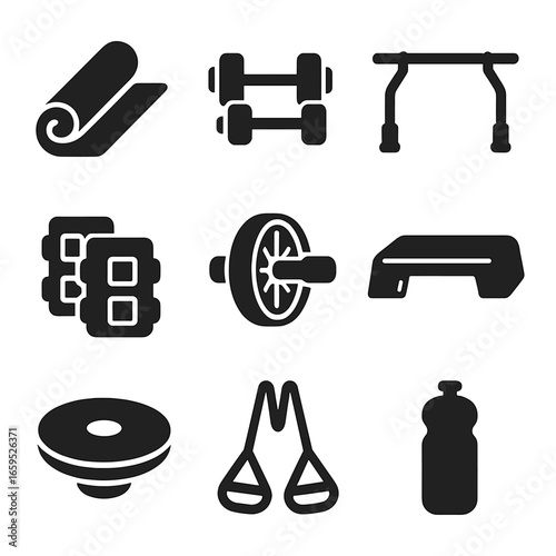 Home Workout Icons. Solid, filled icons set of home workout equipment: yoga mat, dumbbells, pull-up bar, ankle