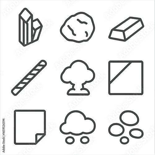 Gray Mineral Icons. Outline icon set of gray minerals and materials: graphite, silver nugget, zinc ingot, concrete slab, steel bar