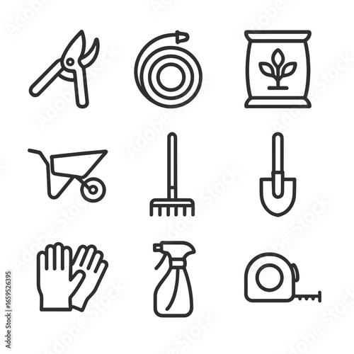 Grove Tools Icons. Outline icon set of grove maintenance tools: pruning shears, watering hose, fertilizer bag, wheelbarrow, rake,