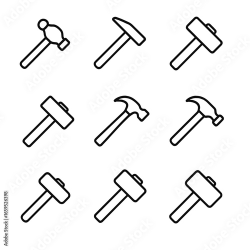 Hammer Icon Set. Outline icon set of anvil hammer types: ball peen hammer, cross peen hammer, sledgehammer, forging hammer, claw