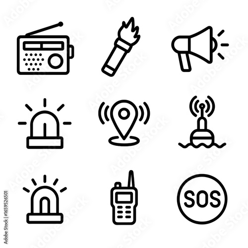 Emergency Radio Icons. Outline icon set of emergency radio equipment: emergency radio, signal flare, megaphone, siren, distress