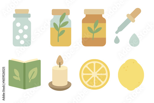 Homeopathic Medicine Cabinet. Flat vector mini-illustrations homeopathic medicine cabinet in colors children's