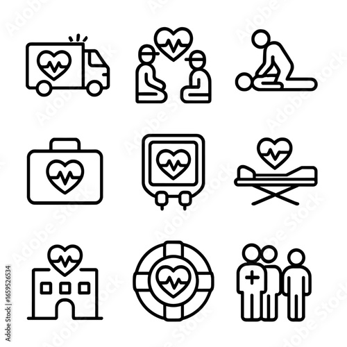 Emergency Icons Set. Outline icon set of heartbeat in emergency: ambulance, first responders, CPR, emergency kit, defibrillator,