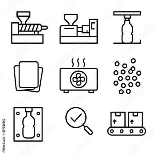 HDPE Manufacturing Icons. Outline icon set of HDPE manufacturing: extrusion machine, injection molding, blow molding, plastic