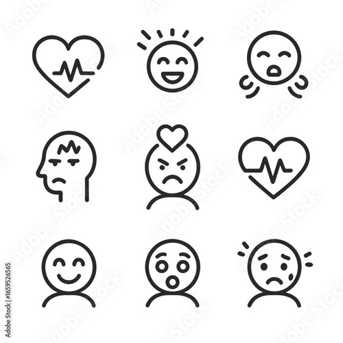 Emotion Icon Set. Outline icon set of beat in emotions: fast heart rate, excitement, fast breathing, tension, anger, love pulse,