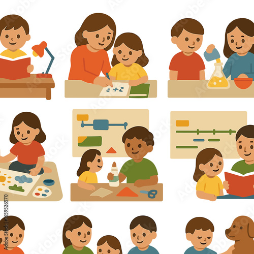 Homeschooling Activities Icons. Flat vector mini-illustrations homeschooling activities in colors children's