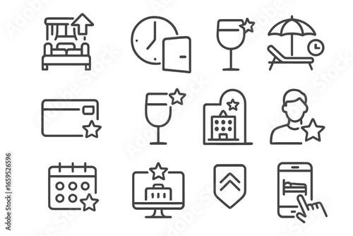 Hotel Loyalty Icons. Outline vector icons of hotel loyalty programs: room upgrade, early check-in, late