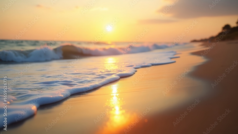 Fototapeta premium Golden hour sunset over the ocean's gentle waves, lapping at the sandy shore, bathed in warm, tranquil colors.